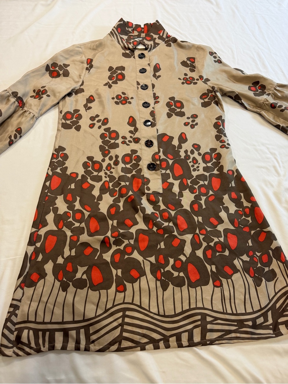 Vintage Mod Floral Shift Dress Bell Sleeve Mandarin Collar Retro Graphic Print M